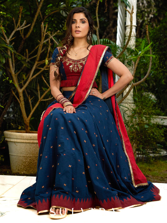 A Modern Royal ensemble - Stunning Jamdani Lehenga Choli with a monochrome blue base & contrast maroon and all over Zardosi embroidery - Shaded Dupatta Optional