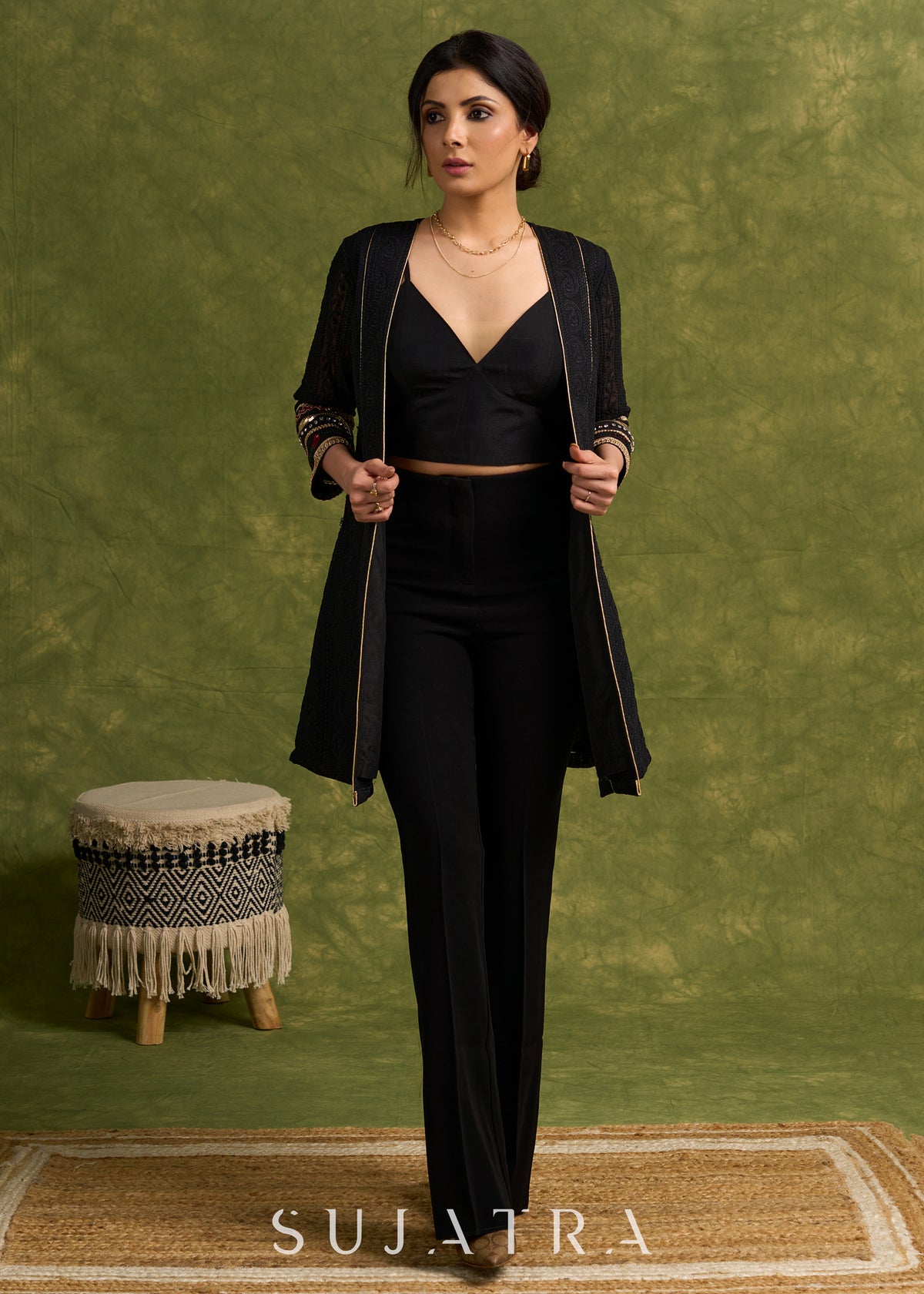 Dussehra Sale — Evening Allure : Black Embroidered Long Shrug With The Sprinkle Of Red & Green Unique Embellishments