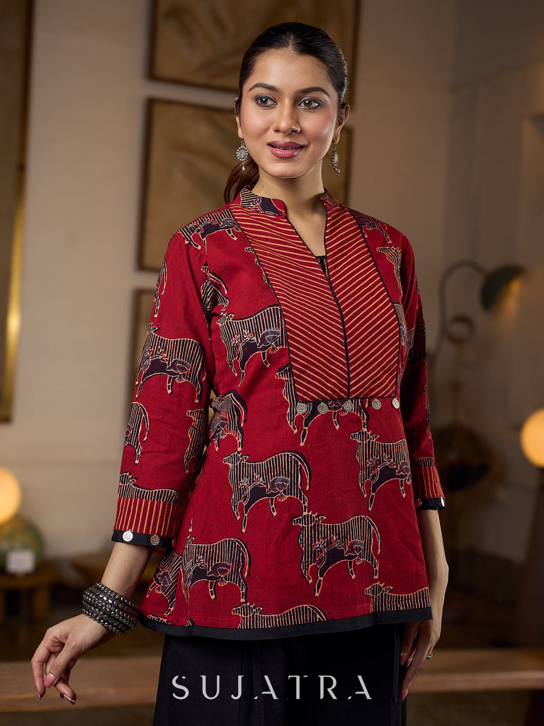 Luxe Maroon Ajrakh Animal Motif Top with Maroon Line Yoke and Silver Embellishments
