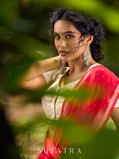 Striking Red Cotton Saree with Minimal Floral & Polka Print