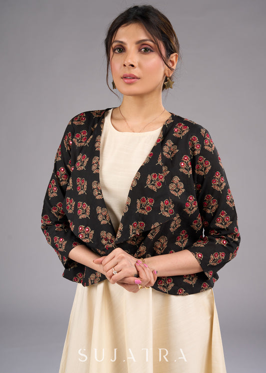Elegant Printed Ajrakh Jacket with MirrorHand  Embroidery - Dress optional