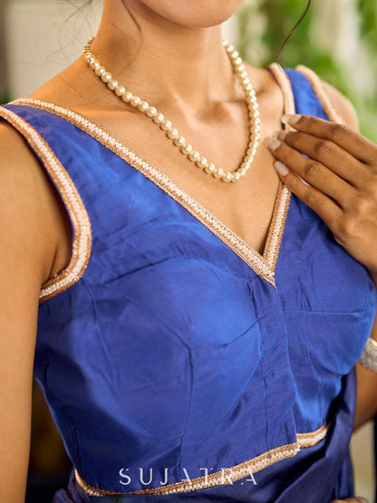 Vibrant Blue Cotton Silk Sleeveless Blouse with Pearl Lace Embellishment