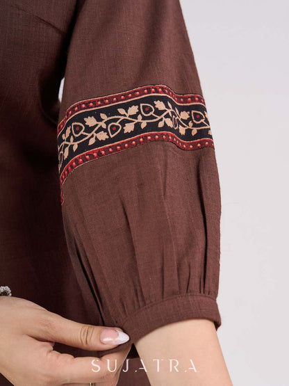 Classic Brown Cotton Top with Contemporary Neckline Highlighted with Ajrakh Border
