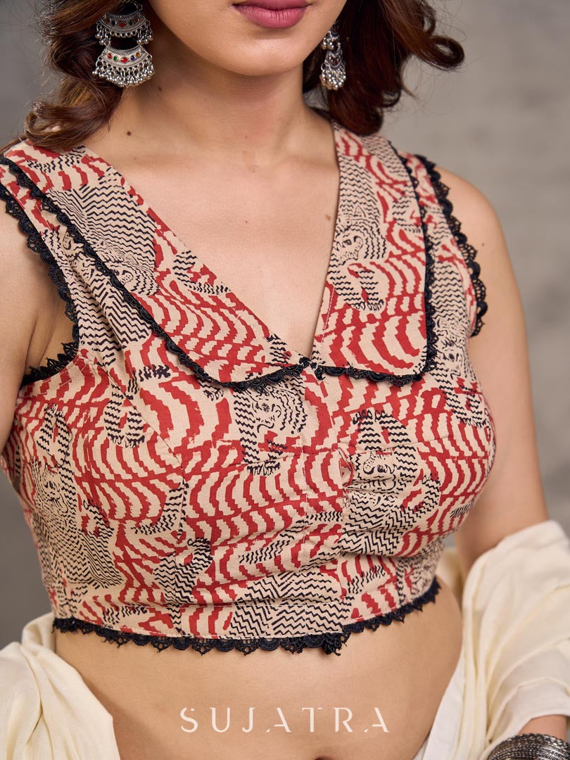 Cream and Rust Cotton Printed Sleeveless Blouse with Black Lace Detail
