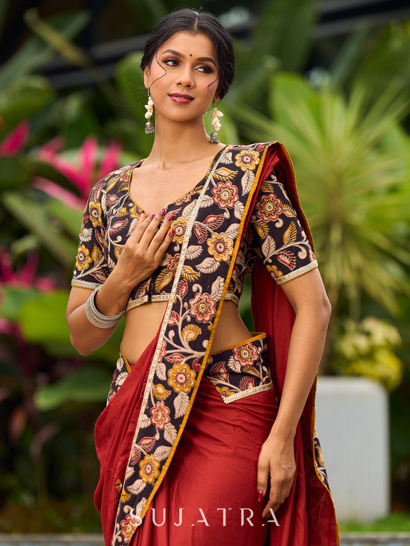 Traditional Rust Modal Silk Saree with Hand Embroidered Mirror Work & Kalamkari Printed Border