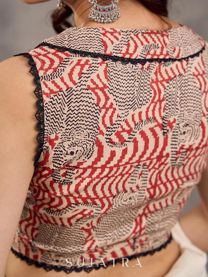 Cream and Rust Cotton Printed Sleeveless Blouse with Black Lace Detail
