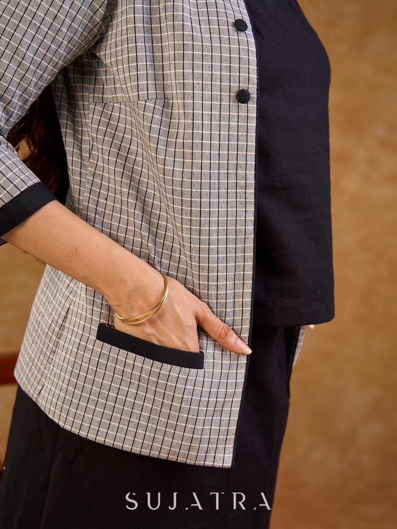 Tailored Grey White Ikat Cotton Cropped Jacket with Front Pockets and Black Border Detail