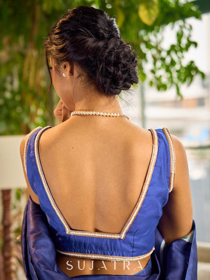 Vibrant Blue Cotton Silk Sleeveless Blouse with Pearl Lace Embellishment