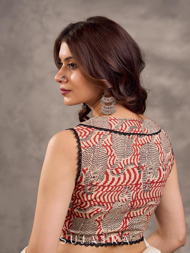 Cream and Rust Cotton Printed Sleeveless Blouse with Black Lace Detail