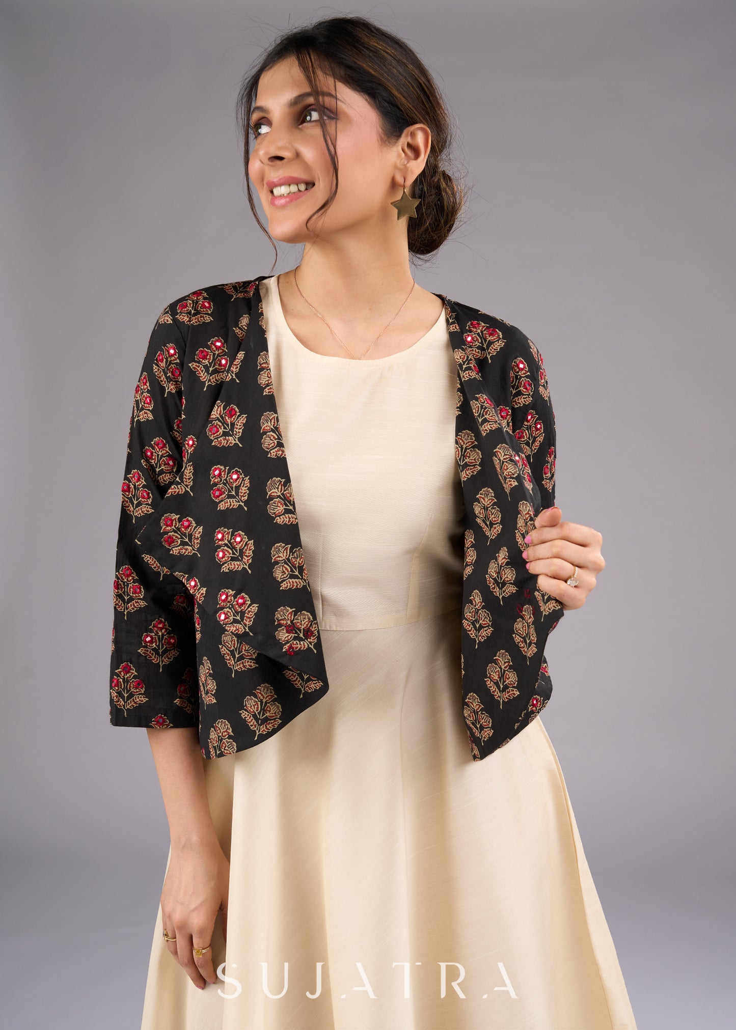 Elegant Printed Ajrakh Jacket with MirrorHand  Embroidery - Dress optional