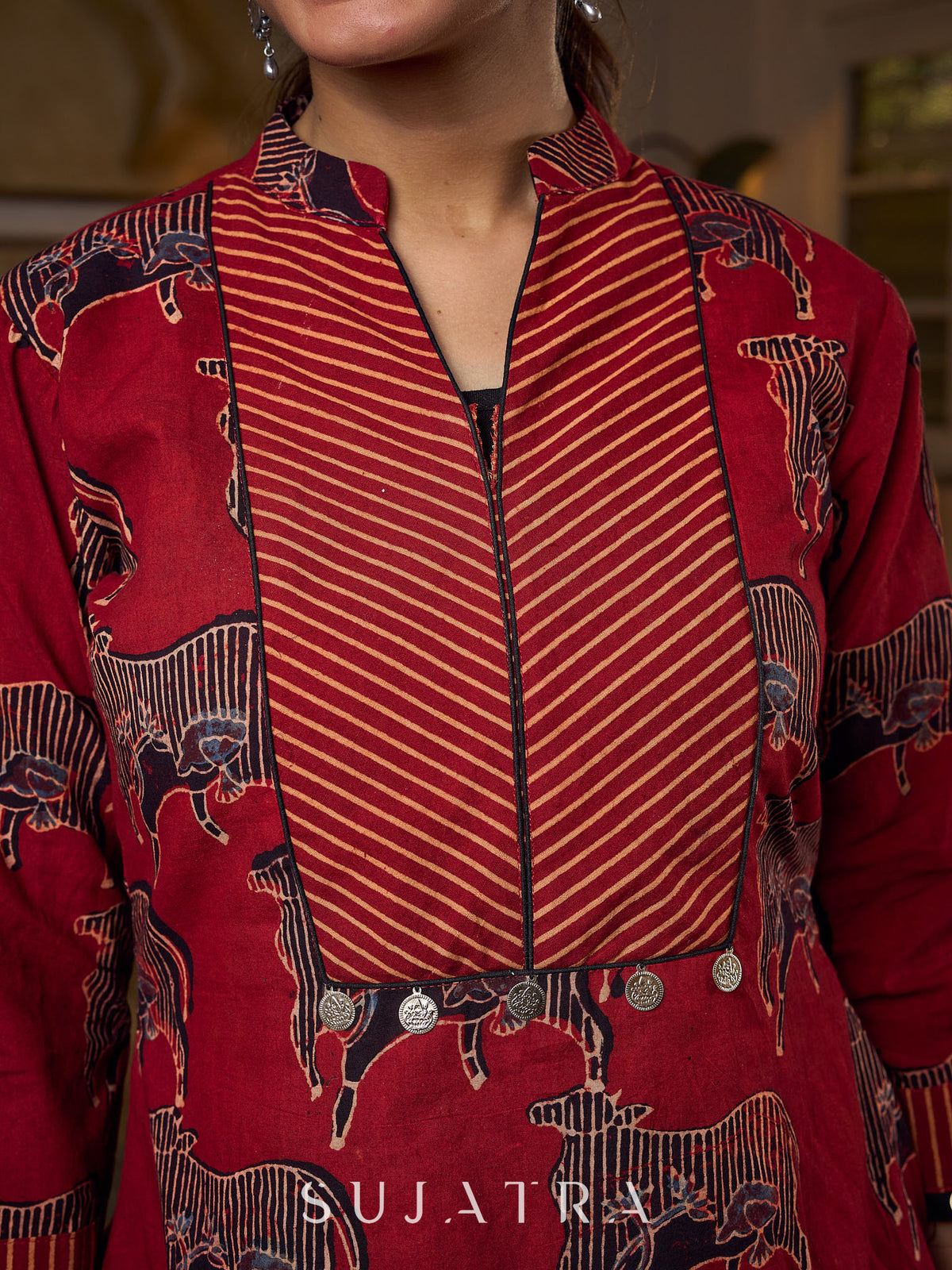 Dussehra Sale — Luxe Maroon Ajrakh Animal Motif Top with Maroon Line Yoke and Silver Embellishments - Pant Optional