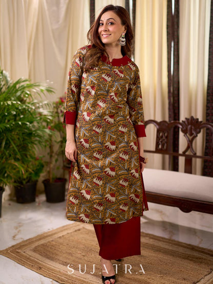 Mustard Floral Print Cotton Kurta with Maroon Collar and Cuff Detail