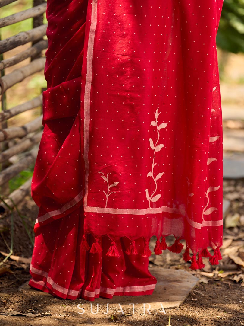Striking Red Cotton Saree with Minimal Floral & Polka Print