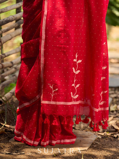 Striking Red Cotton Saree with Minimal Floral & Polka Print
