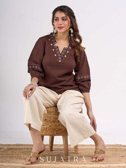 Classic Brown Cotton Top with Contemporary Neckline Highlighted with Ajrakh Border