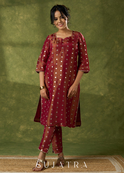 Beautiful Rust Self-Embellished Tissue Kurta - Pant Optional