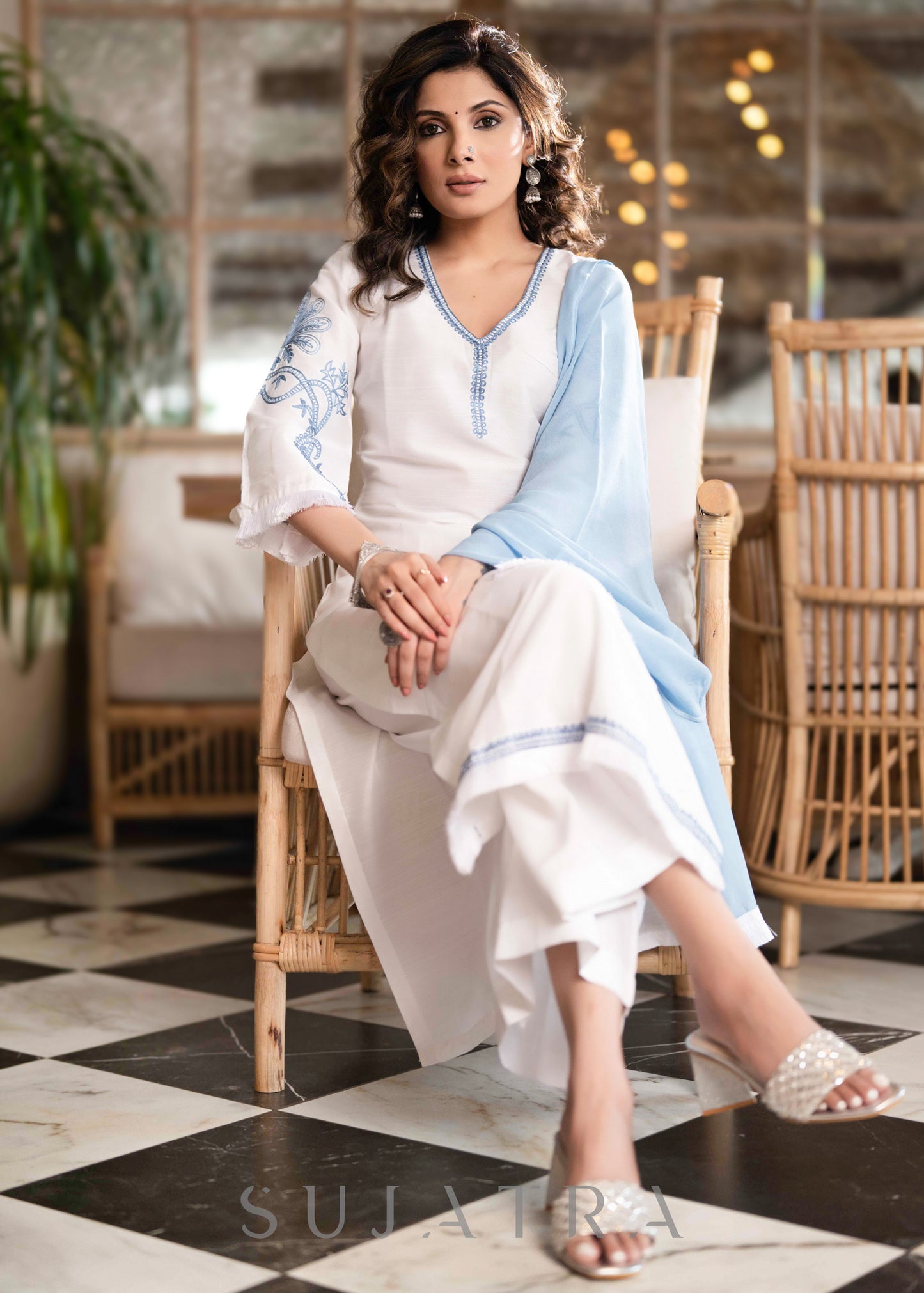 Elegant White Cotton Silk Kurta With Blue Embroidery On Sleeves & Hemline