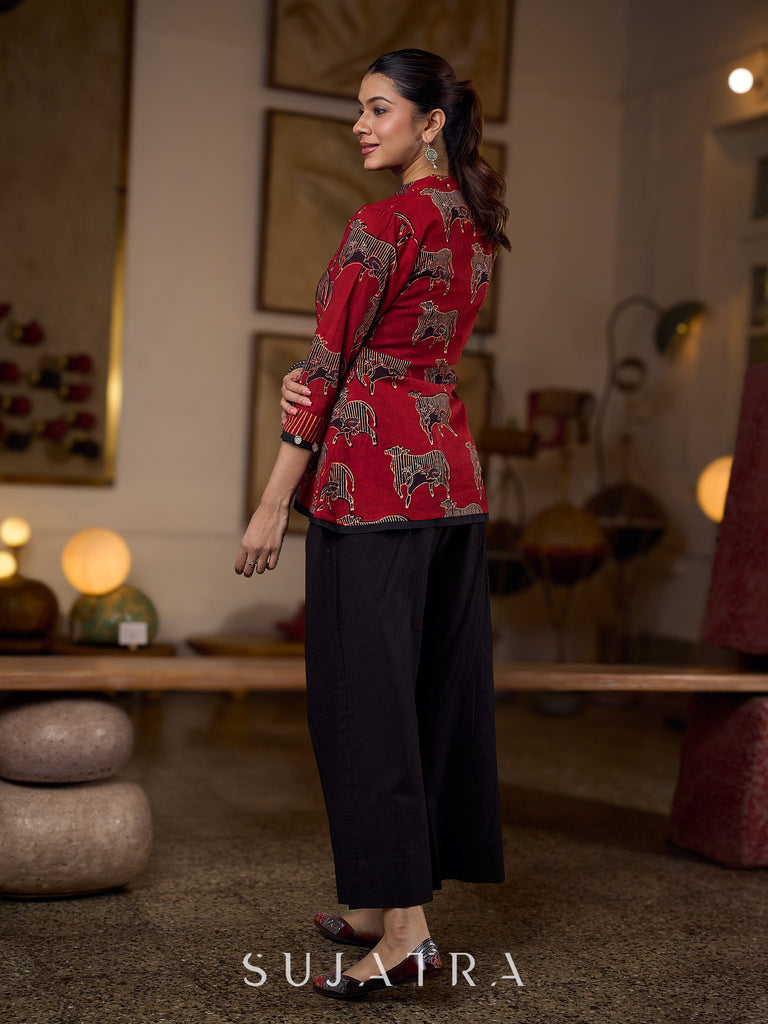 Luxe Maroon Ajrakh Animal Motif Top with Maroon Line Yoke and Silver Embellishments