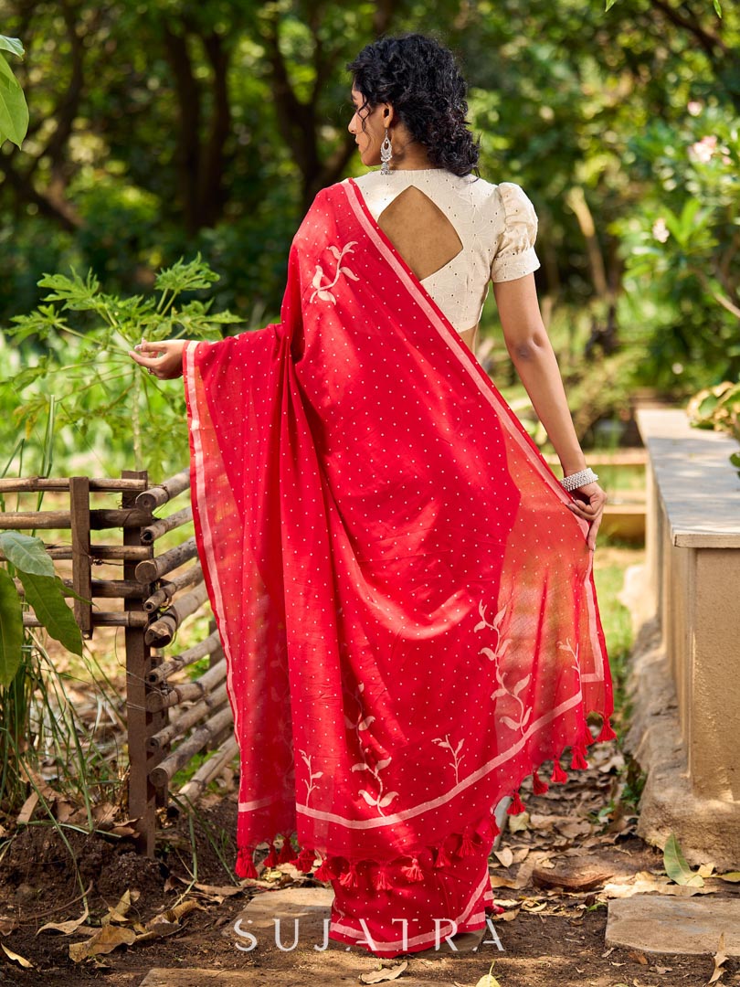 Striking Red Cotton Saree with Minimal Floral & Polka Print