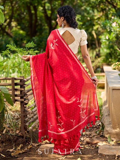 Striking Red Cotton Saree with Minimal Floral & Polka Print