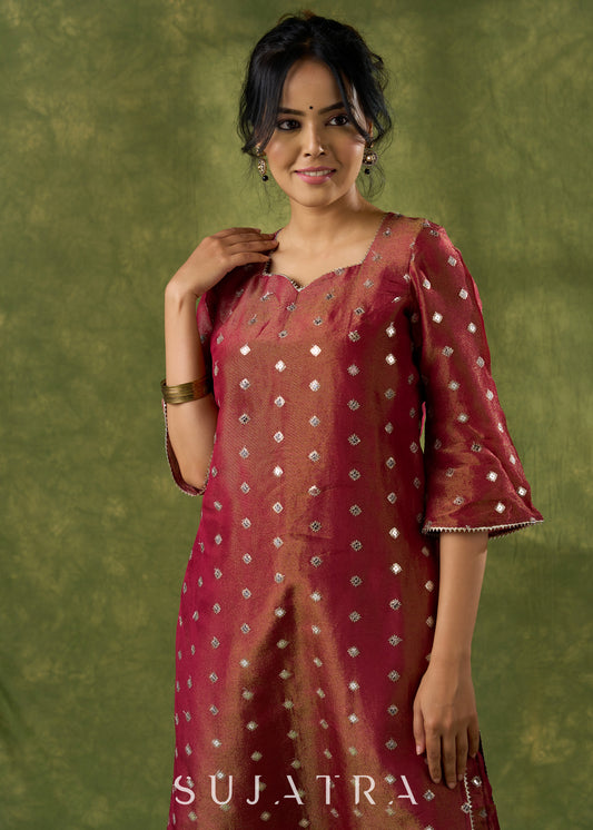 Beautiful Rust Self-Embellished Tissue Kurta - Pant Optional