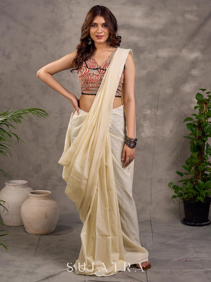 Cream and Rust Cotton Printed Sleeveless Blouse with Black Lace Detail