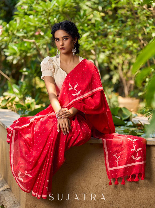 Striking Red Cotton Saree with Minimal Floral & Polka Print