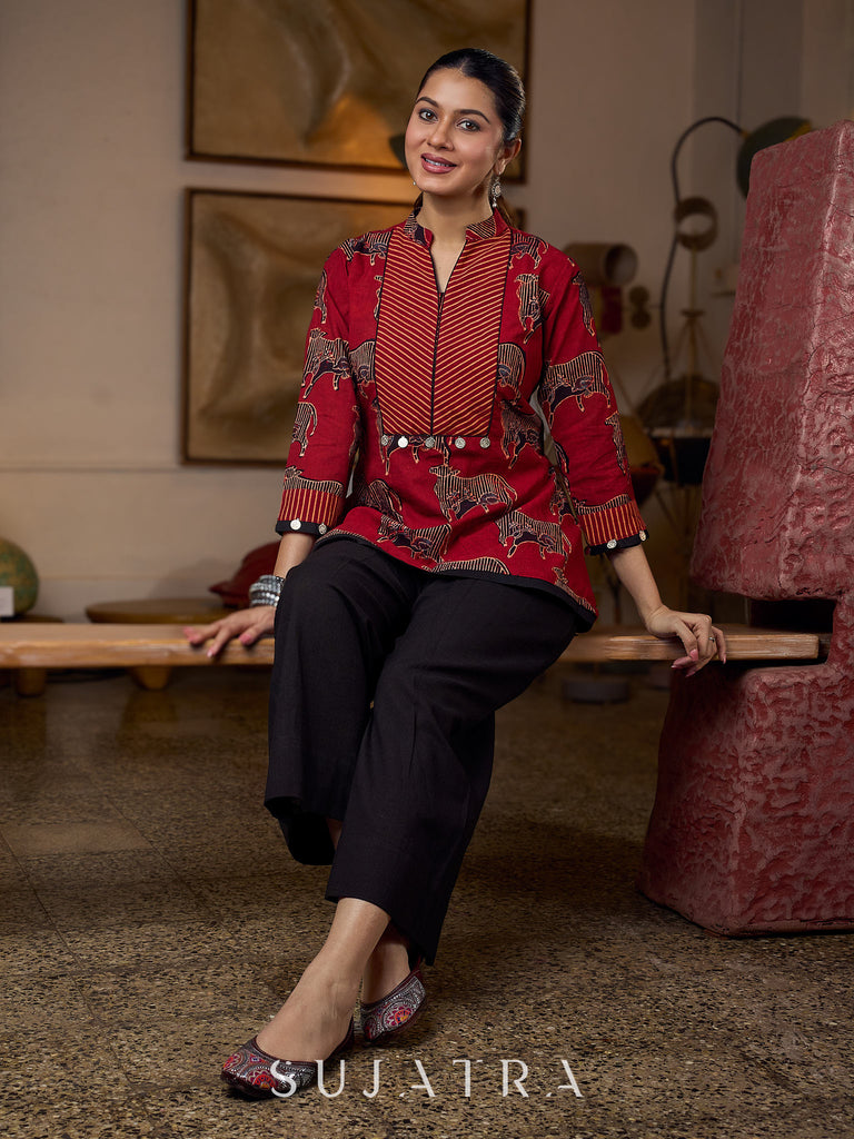 Luxe Maroon Ajrakh Animal Motif Top with Maroon Line Yoke and Silver Embellishments