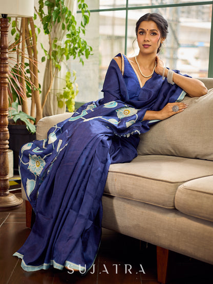 Minimalist Navy Pure Silk Saree with Painted Floral Pallu & Light Blue Trim