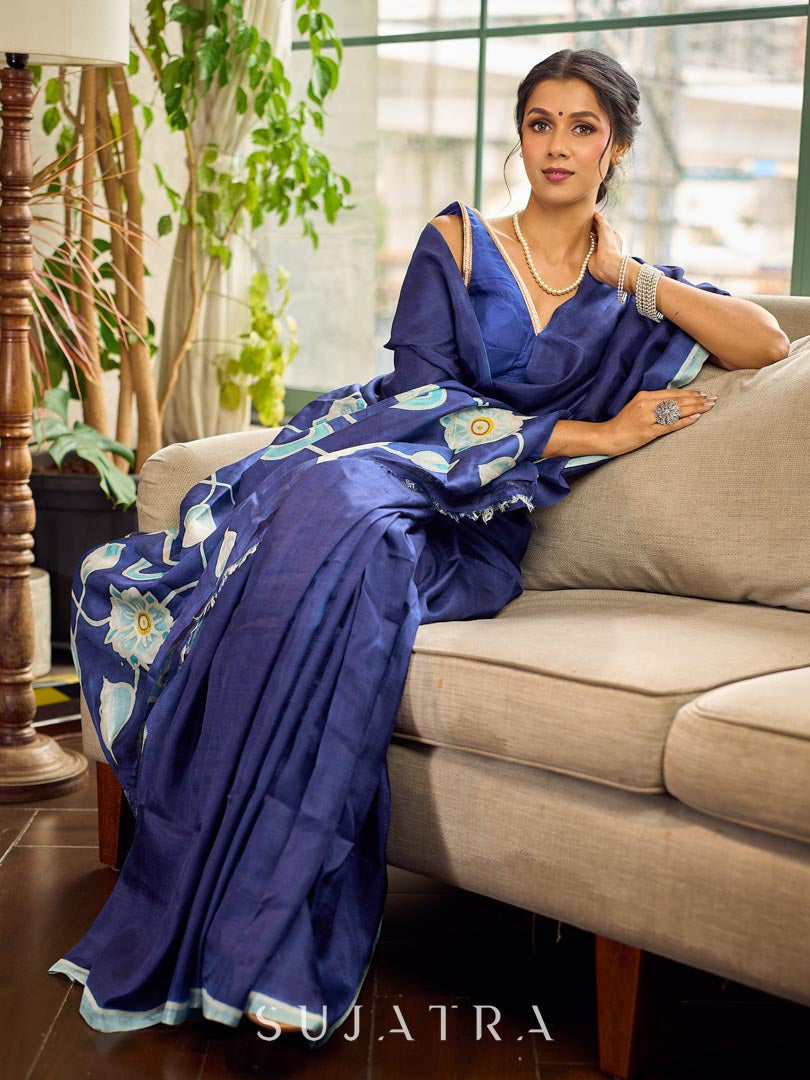 Sophisticated Navy Pure Silk Saree with Painted Floral Pallu & Light Blue Trim