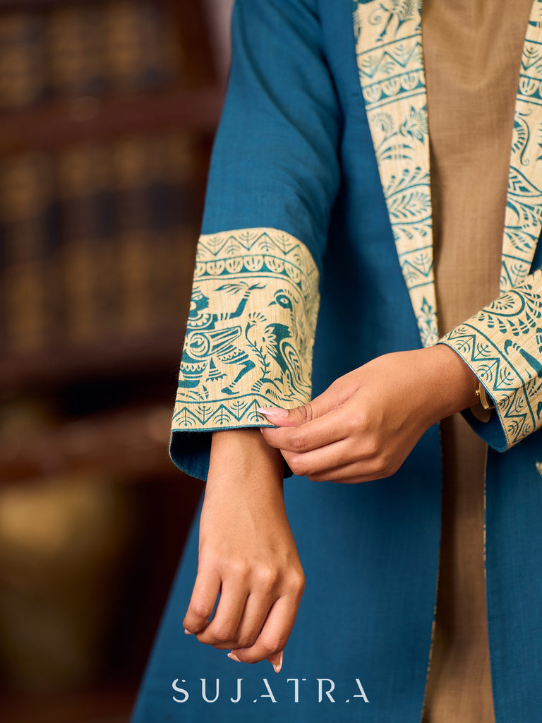 Elegant Teal Cotton Long Jacket Accented with Madhubani Printed Collar, Cuffs and Pocket Flap