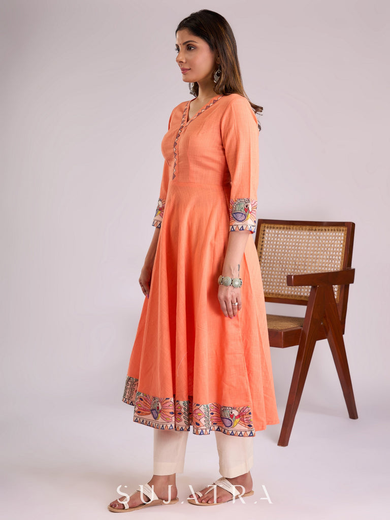 Elegant Peach Cotton Kurta with Madhubani Border & Hand Painted Neckline Detailing