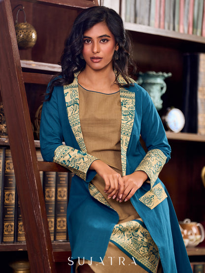 Elegant Teal Cotton Long Jacket Accented with Madhubani Printed Collar, Cuffs and Pocket Flap - Dress optional