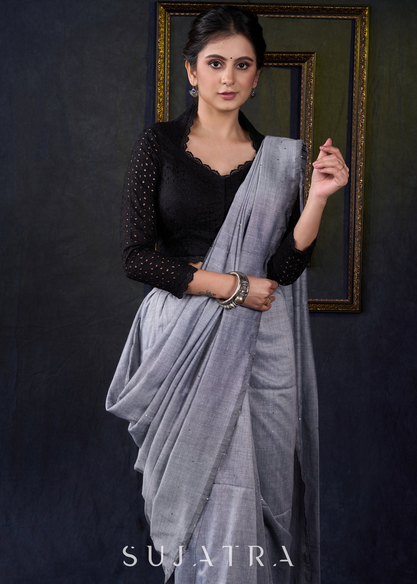 Smart Black Hakoba Cotton Blouse - Optional Plain Saree