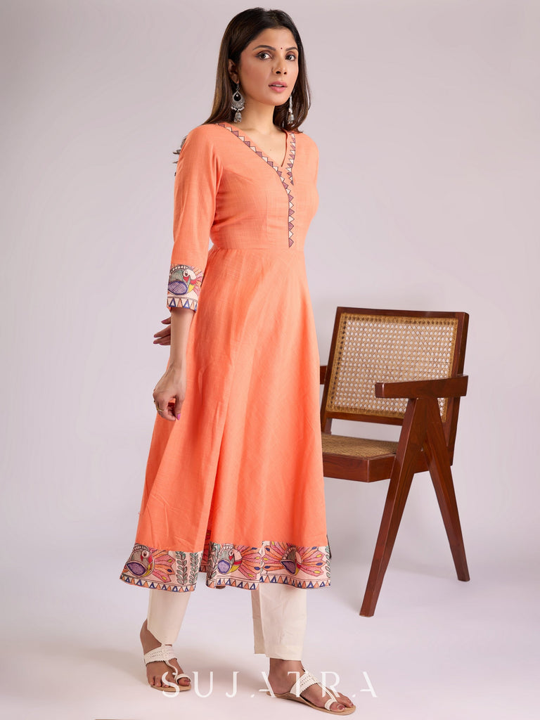 Elegant Peach Cotton Kurta with Madhubani Border & Hand Painted Neckline Detailing