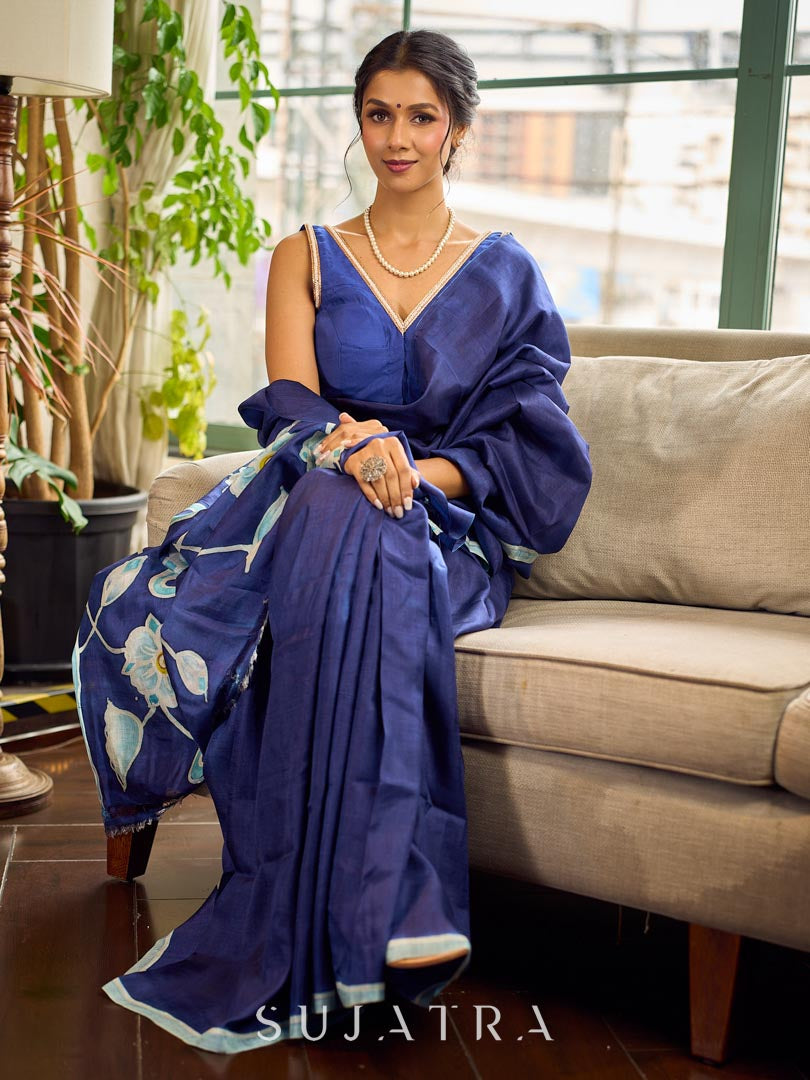 Minimalist Navy Pure Silk Saree with Painted Floral Pallu & Light Blue Trim