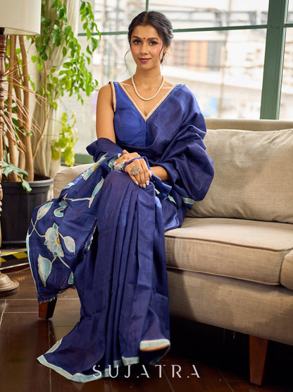 Minimalist Navy Pure Silk Saree with Painted Floral Pallu & Light Blue Trim
