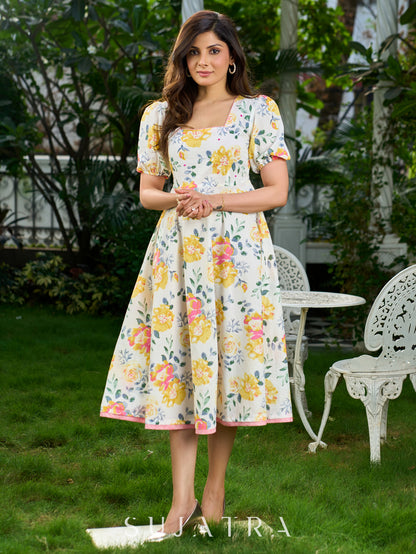 Dussehra Sale — Luminous White Cotton Floral Dress with Square Neck, Contrasting Pink Accents, Flared Silhouette & Voluminous Puffy Sleeves