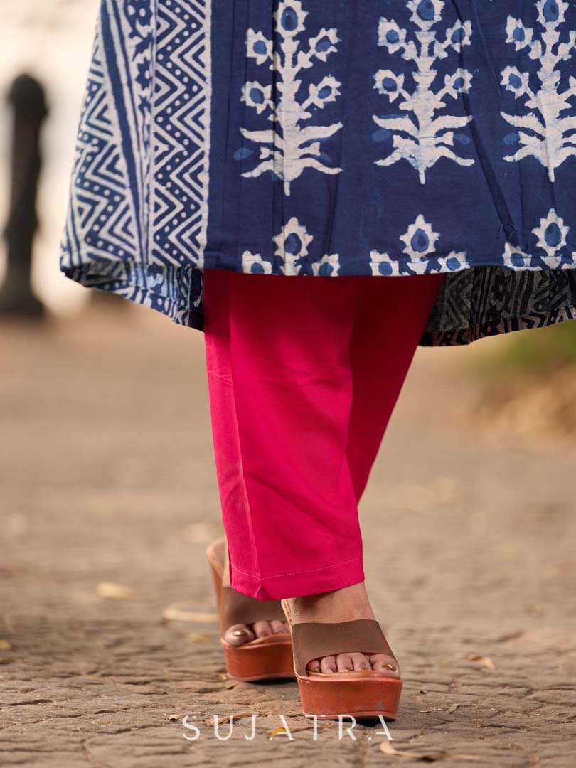 Indigo Floral Kurta with Playful Stripe Print and Magenta Hand Mirror Work on Overlapping Neckline