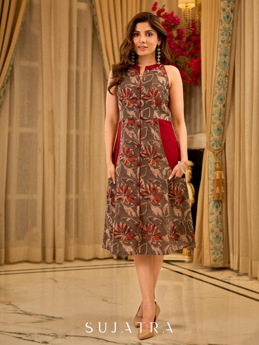 Ash Brown Floral Sleeveless Dress with Mandarin Collar and Rustic Maroon Details