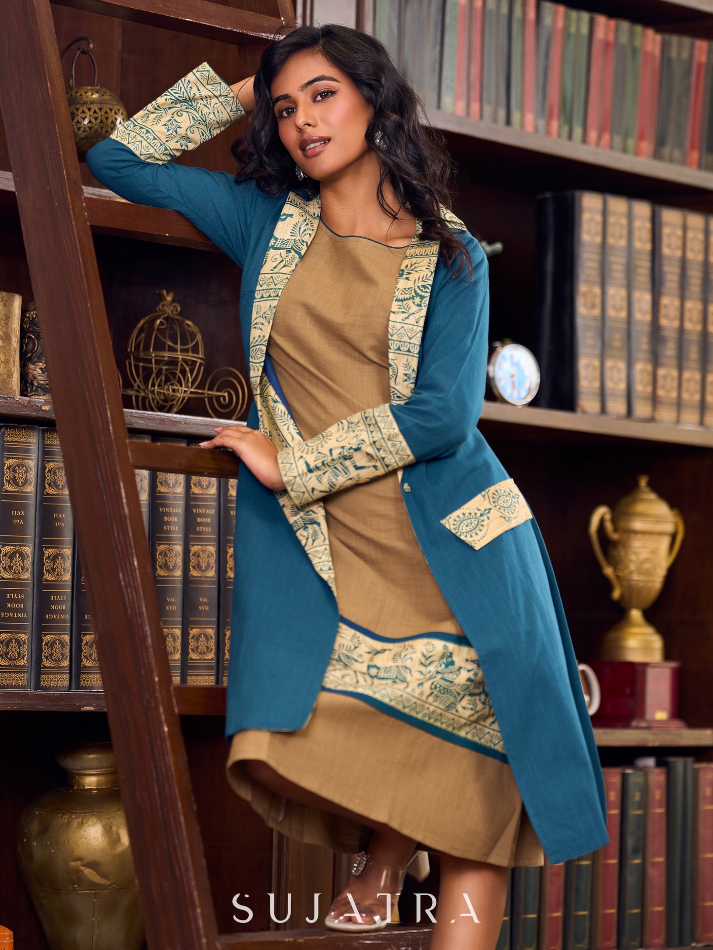 Elegant Teal Cotton Long Jacket Accented with Madhubani Printed Collar, Cuffs and Pocket Flap - Dress optional