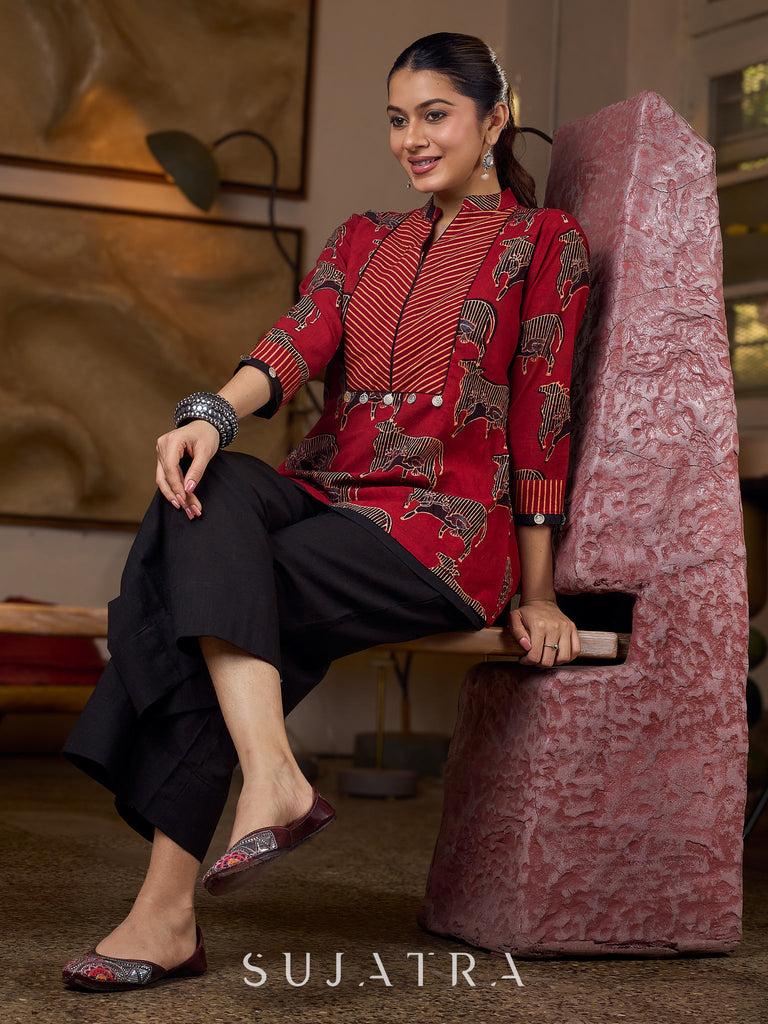 Luxe Maroon Ajrakh Animal Motif Top with Maroon Line Yoke and Silver Embellishments