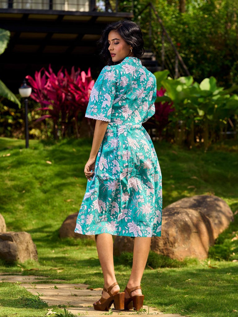 Sea Green Floral Cotton Dress with Lace-Trimmed Neckline and Puffy Sleeves
