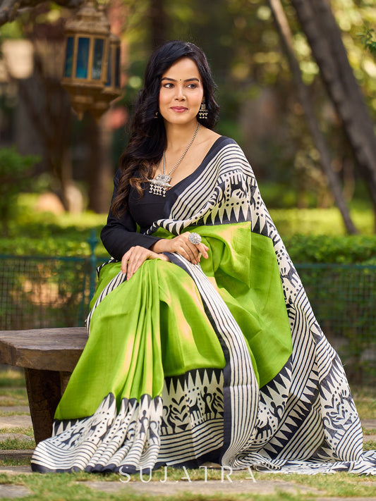 Handloom Green Pure Silk Block Printed Saree with Black & White Warli Motifs