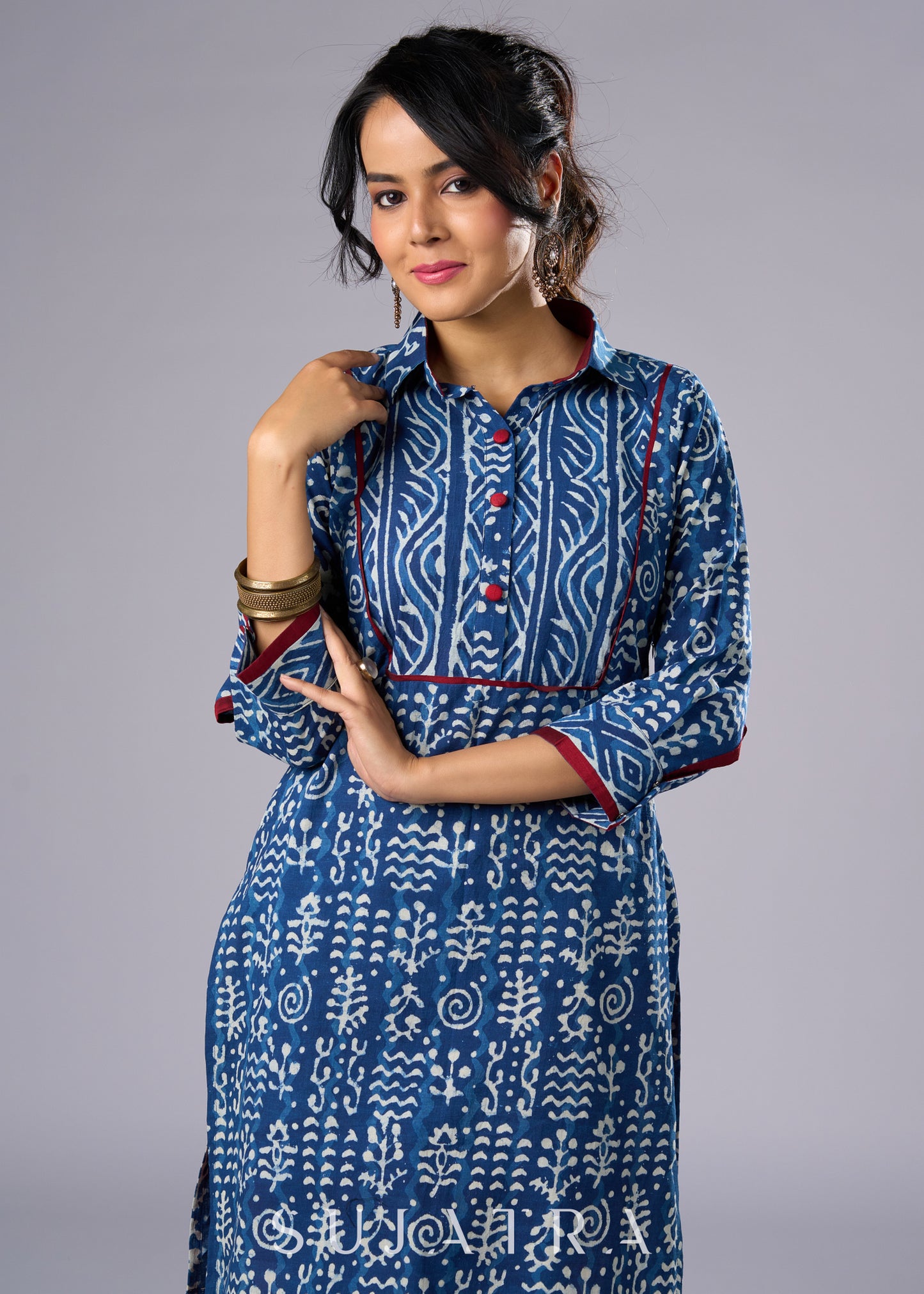 Beautifully Highlighted Casual Cotton Indigo Tunic   - Pant Additional