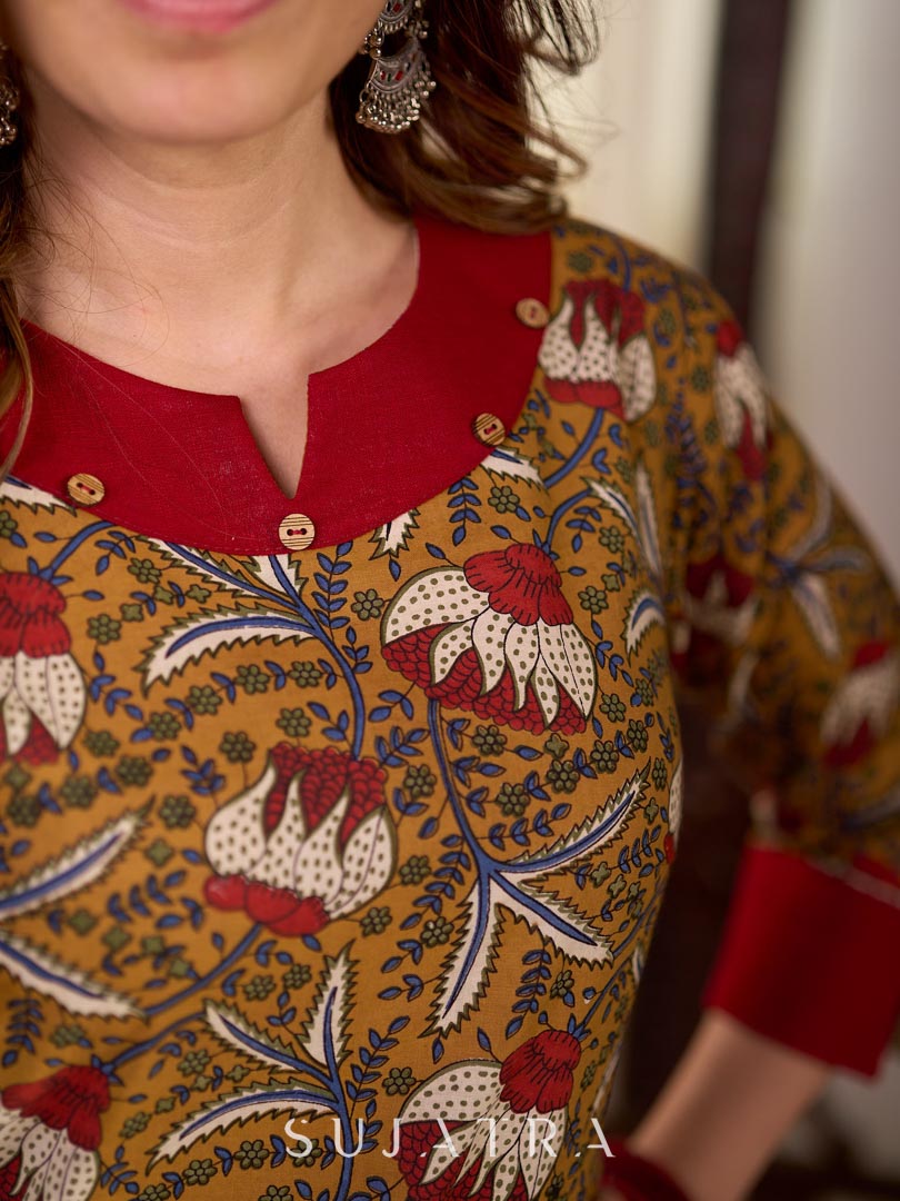 Mustard Floral Print Cotton Kurta with Maroon Collar and Cuff Detail