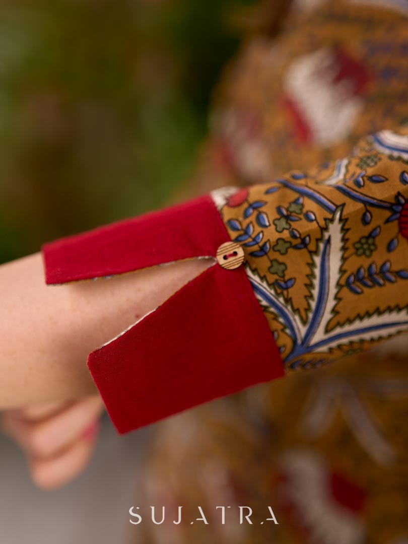 Mustard Floral Print Cotton Kurta with Maroon Collar and Cuff Detail