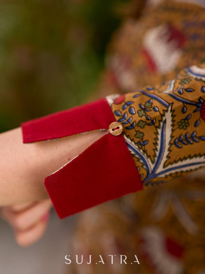 Mustard Floral Print Cotton Kurta with Maroon Collar and Cuff Detail