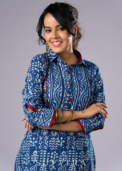 Beautifully Highlighted Casual Cotton Indigo Tunic   - Pant Additional