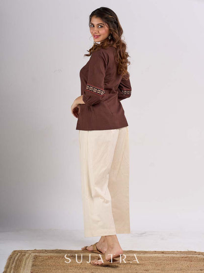 Classic Brown Cotton Top with Contemporary Neckline Highlighted with Ajrakh Border